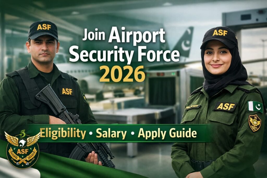 ASF officers standing at airport with aircraft background promoting Join Airport Security Force 2026 recruitment