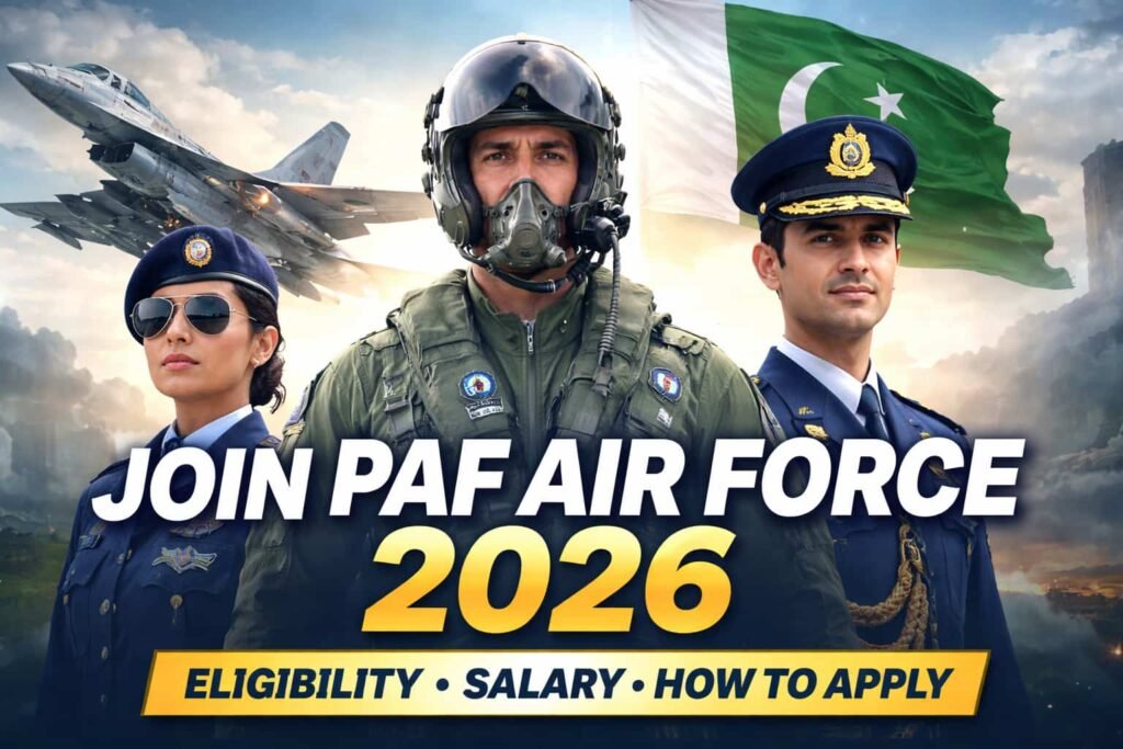 Join PAF Air Force 2026 thumbnail featuring PAF officers and fighter jets with eligibility, salary, and application guide text