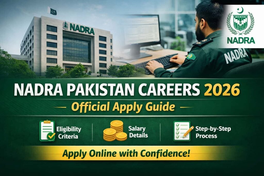 NADRA Pakistan Careers 2026 – Official apply guide thumbnail showing NADRA headquarters building, officer working on computer, eligibility criteria, salary details, and step-by-step application process banner.