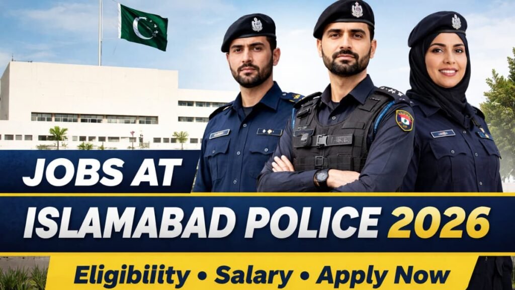 Jobs at Islamabad Police 2026 recruitment banner showing male and female police officers with apply online, eligibility, and salary details for Islamabad Police jobs in Pakistan.