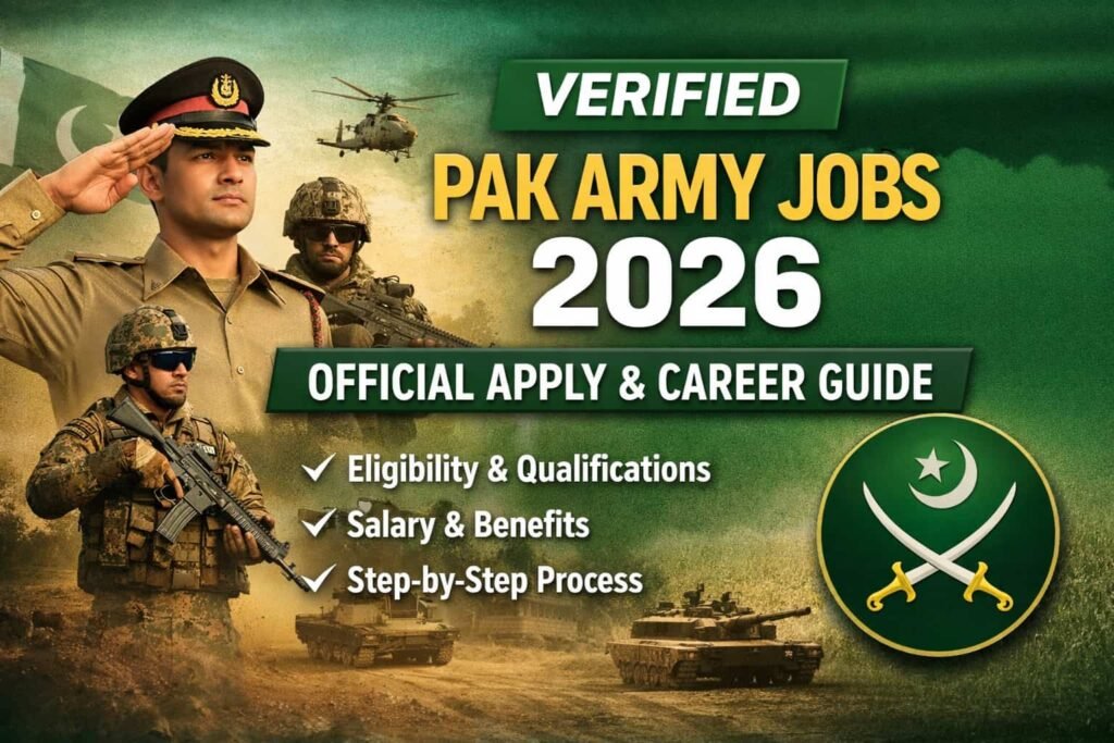 Pak Army Jobs 2026 recruitment guide showing Pakistani army officers with eligibility, salary, and apply now information