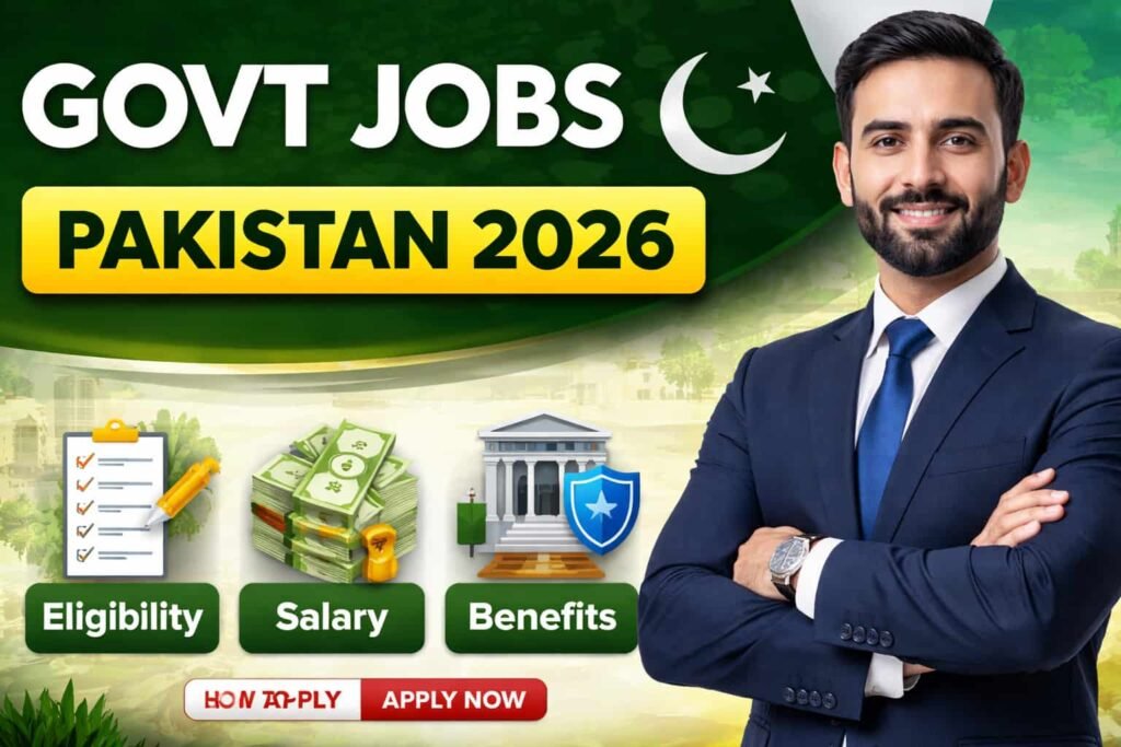 Trusted Govt Jobs Pakistan 2026 thumbnail showing a professional Pakistani candidate with official background and highlights for eligibility, salary, apply guide, and career growth.