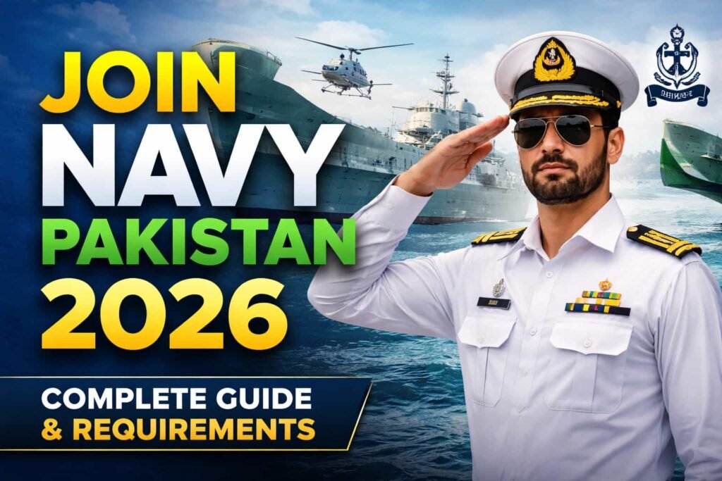 Join Navy Pakistan 2026 official recruitment guide showing Pakistan Navy officer, ships, and application readiness