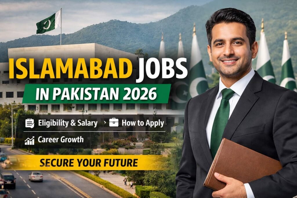 Verified Islamabad jobs in Pakistan 2026 thumbnail showing Parliament House, Pakistani flags, and a professional candidate highlighting eligibility, salary, and how to apply details.