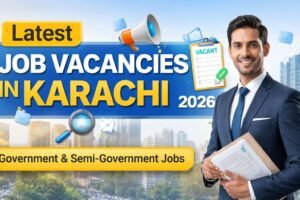 Verified job vacancies in Karachi 2026 banner featuring a professional businessman holding documents with Karachi skyline background and government hiring theme.
